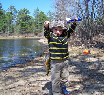 big fish little kid at Myles Standish State Forest